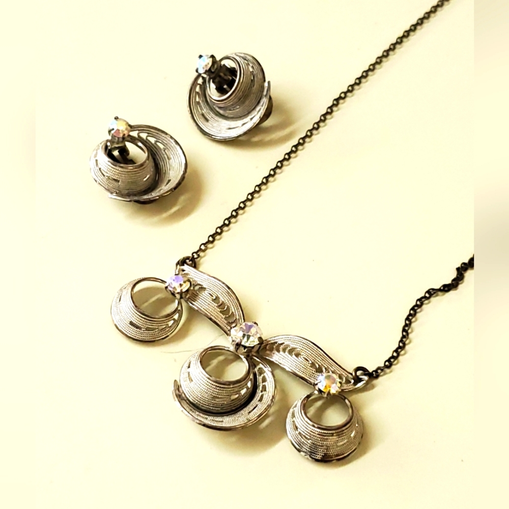 Vintage set necklace earrings silver AB aurora borealis filigree 70's 80's clip